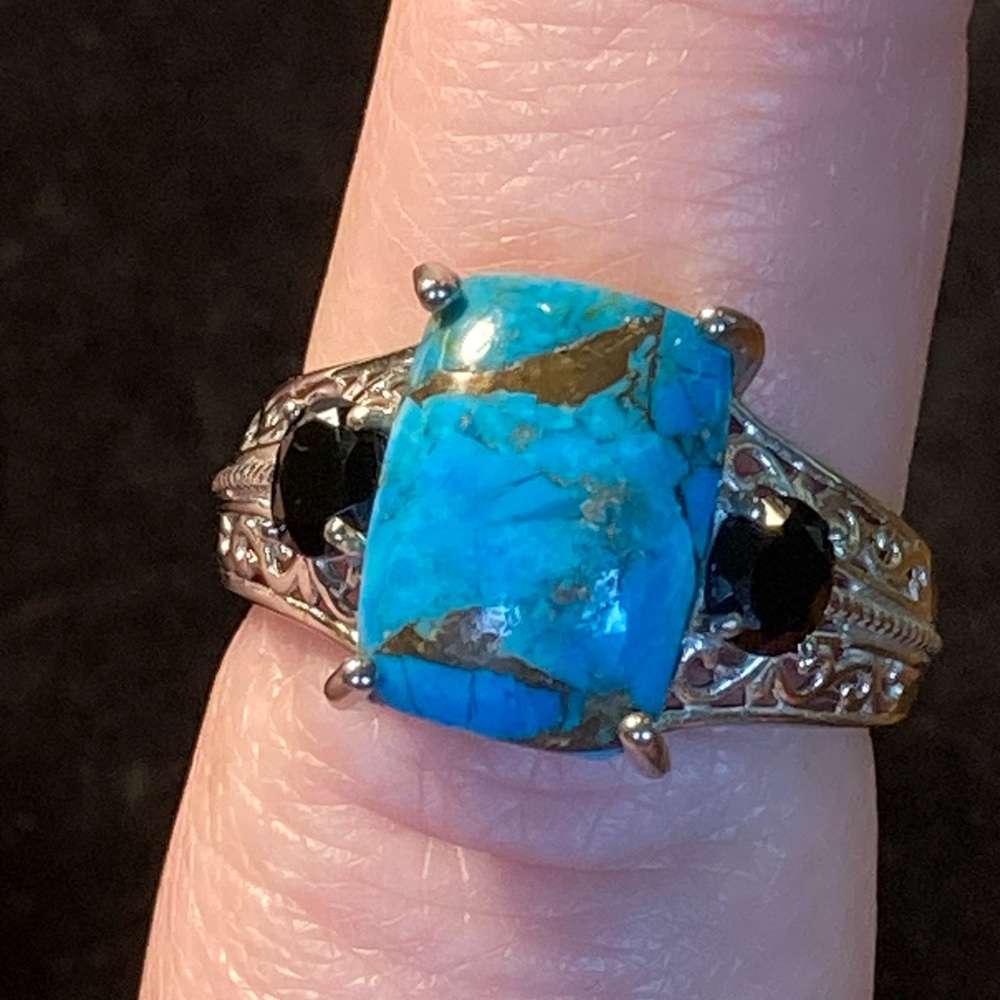 Turquoise and Black Spinel Ring Sz 10